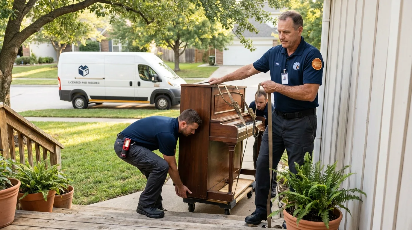 Licensed piano movers securing grand piano in Gulfport, MS