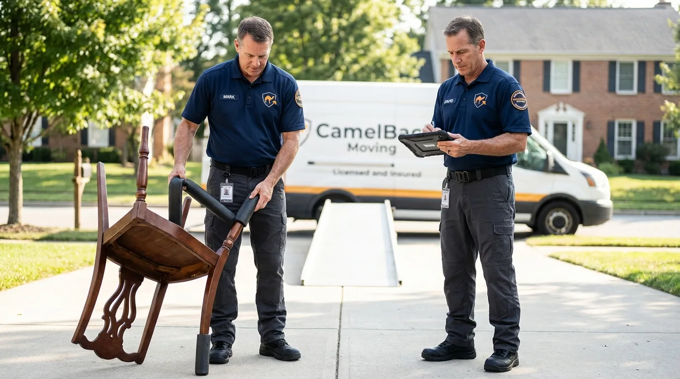 Movers inspecting furniture for damage prevention before loading in Gulfport, MS