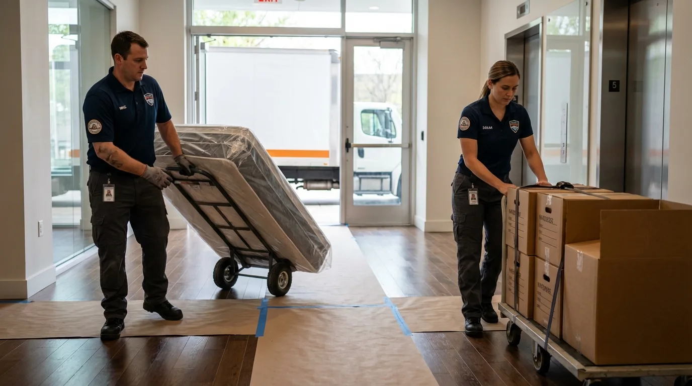 Professional apartment movers loading elevator in Gulfport, MS